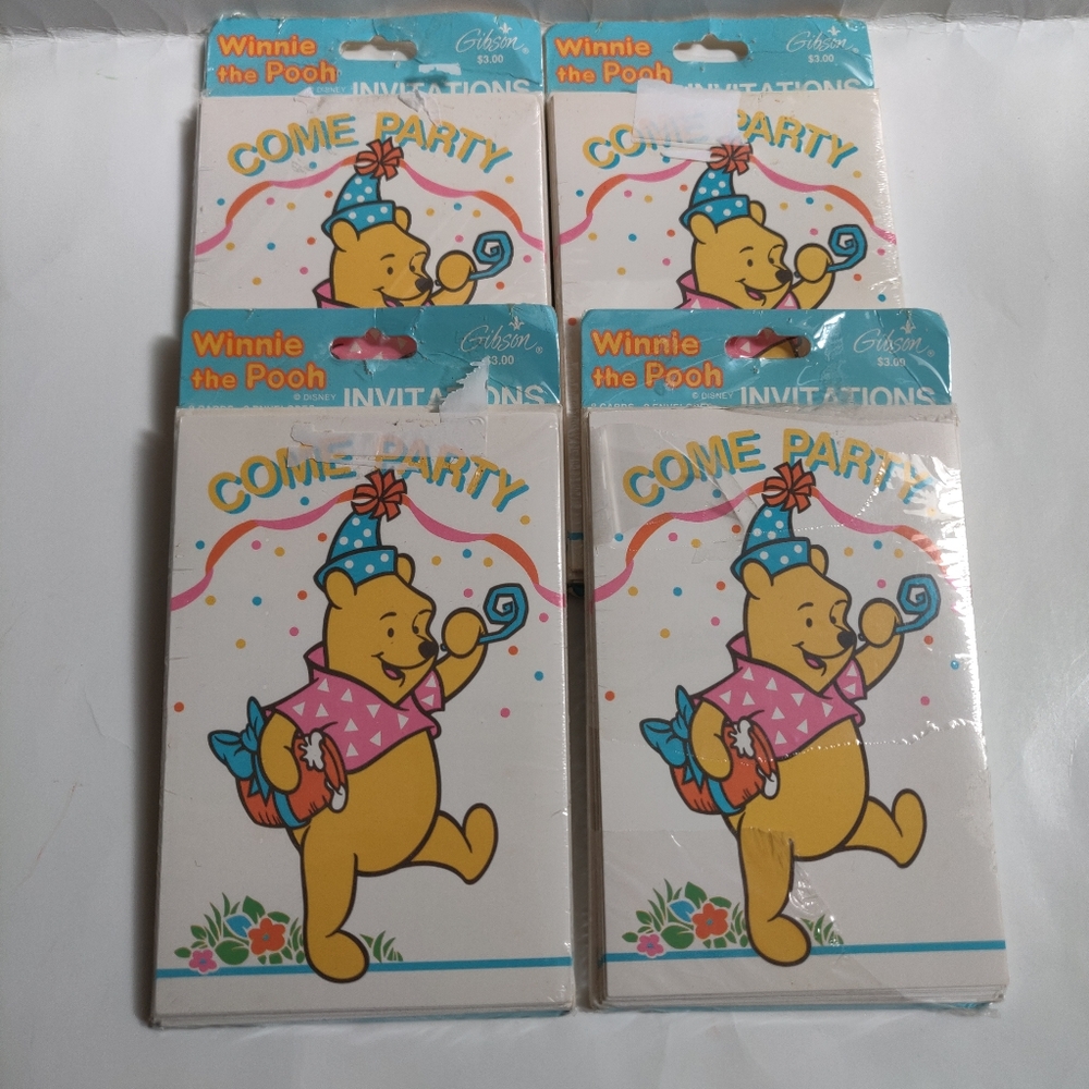 Lot of 4 New Vintage Gibson Winnie the Pooh Come Party Invitations